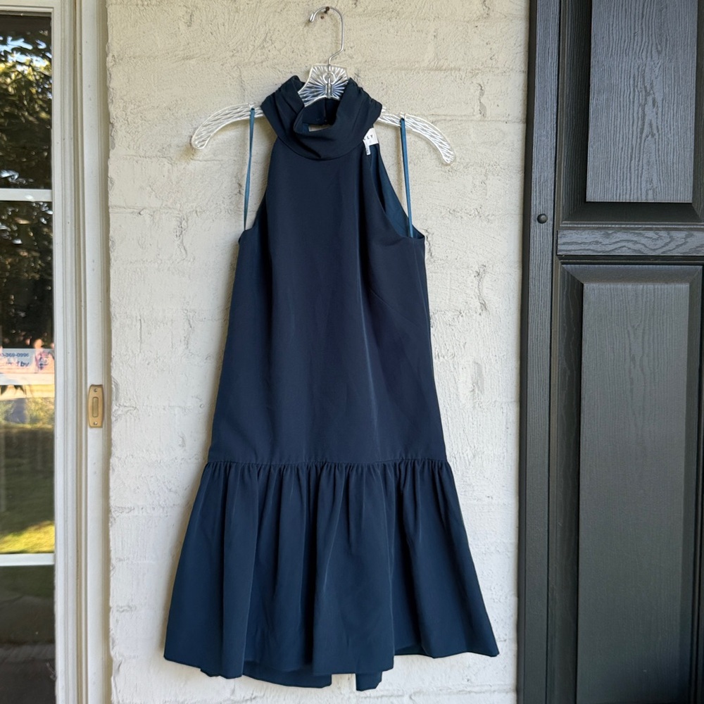NWT Milly Katelynn Drop-Waist Halter Mini Dress w Ruffle Hem Deep Teal Size 2 - Picture 4 of 14